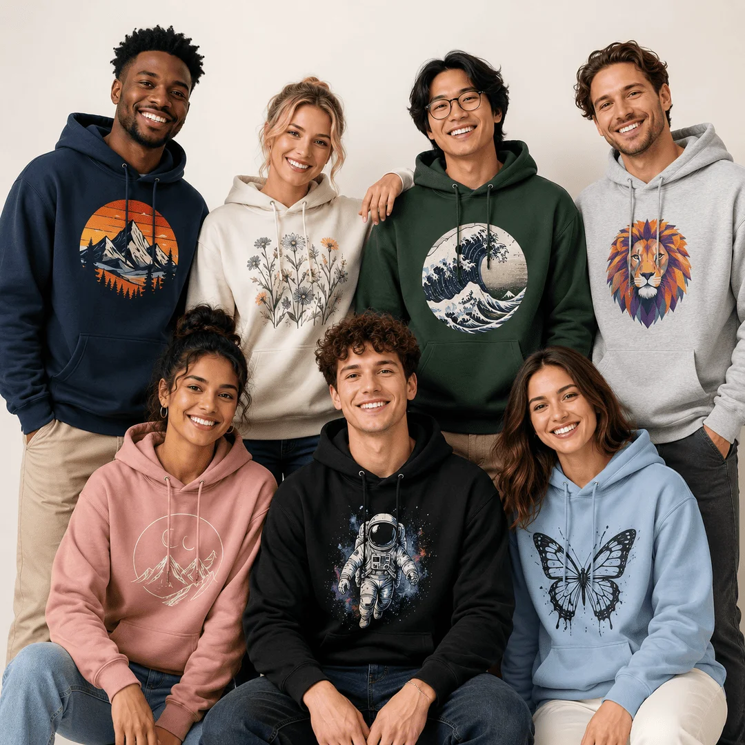 Group wearing custom printed hoodies in Rotherham