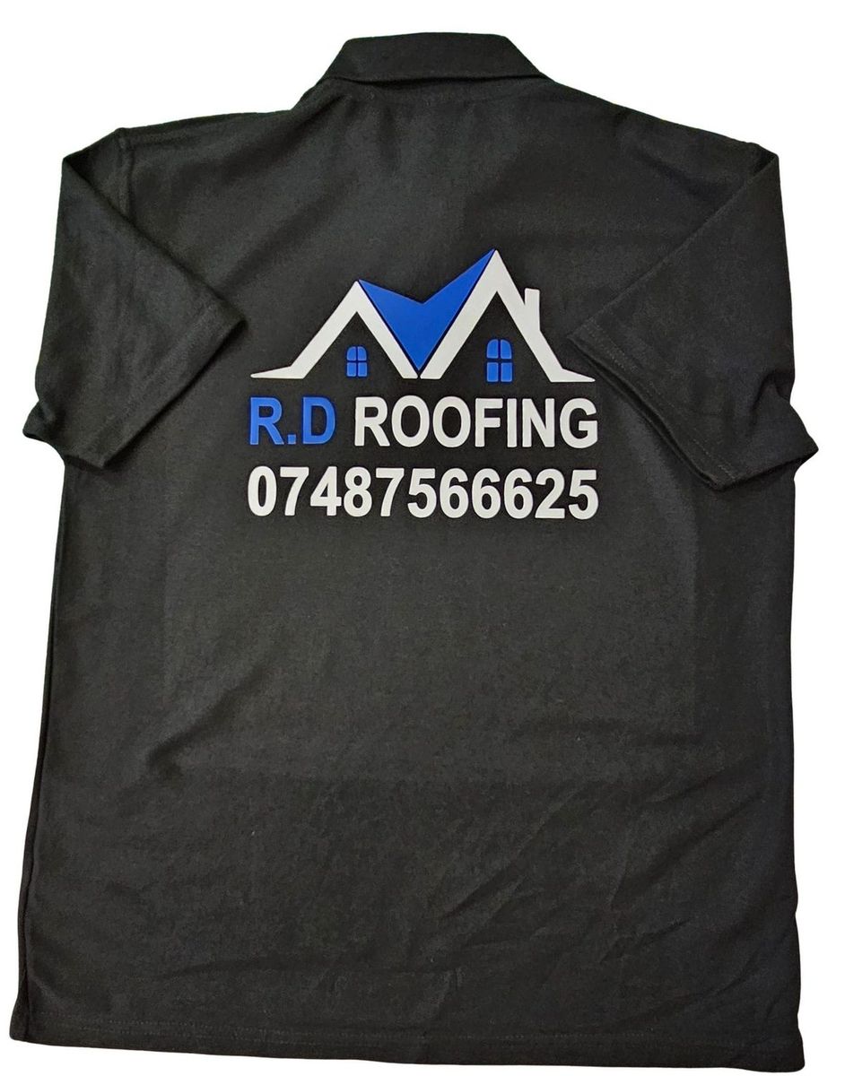 Back of a work polo shirt with a large printed company logo
